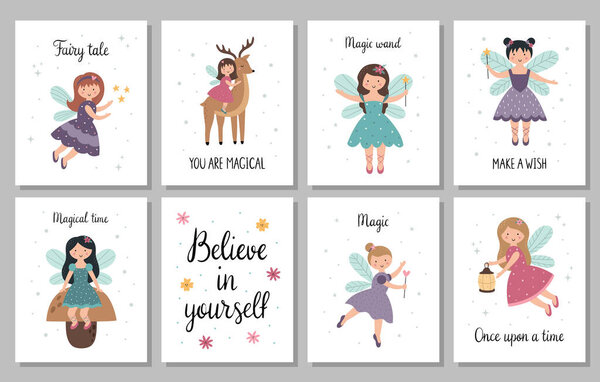 Cute baby posters. Beautiful little fairies with wings, magic wand, flashlight, deer, mushroom. Nursery cards and handwritten phrases. Vector illustration in cartoon style