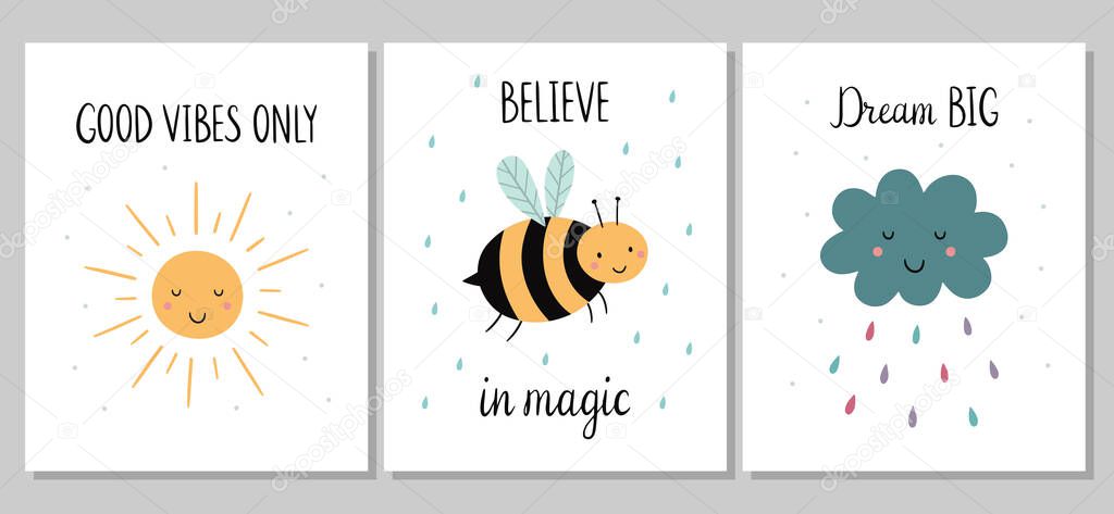 A set of cute children's posters. Cartoon sun, a little bee, a cheerful cloud with rain. Postcards with handwritten phrases. Vector illustration