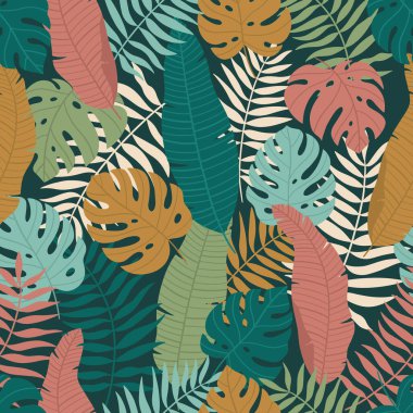 El yapımı tropik yapraklar. Kusursuz yaz şablonu. Parlak canavar yaprakları ve palmiye ağaçları. Vektör illüstrasyonu