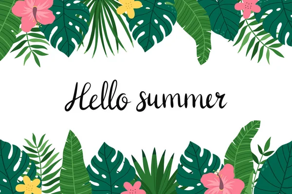 Odręczne Powiedzenie Hello Summer Egzotyczna Tropikalna Rama Liśćmi Monstery Palmy Ilustracja Stockowa