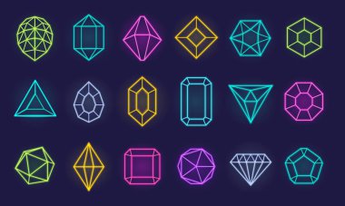 Gems neon simgesi seti. Vektör piktogramları izole edildi. Mobil uygulamalar ve web sitesi tasarımı için kullanılabilir.