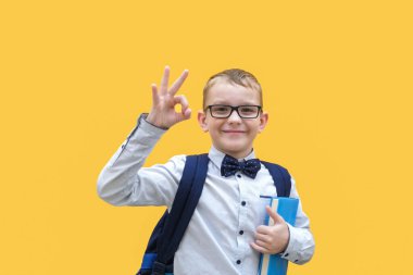 Gözlüklü ve okul çantalı mutlu bir çocuk elinde bir kitap tutuyor..