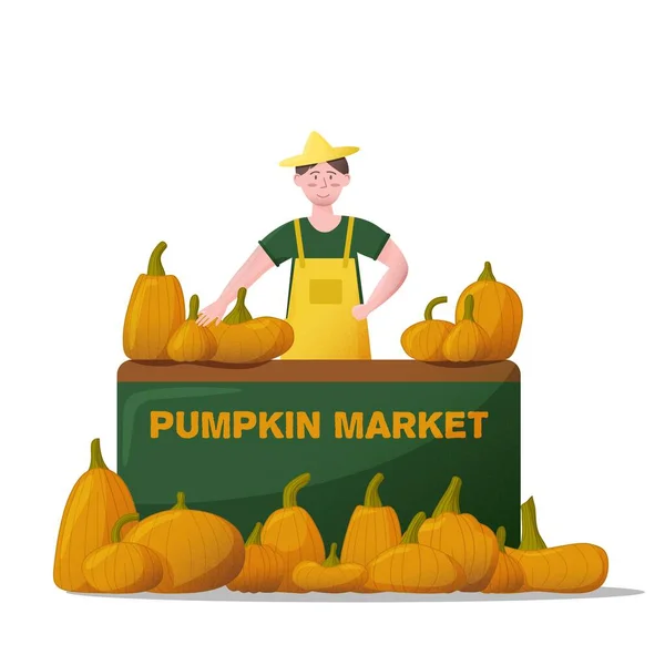 Happy Farmer Pumpkin Seller Organic Vegetables Pumpkin Flat Vector Illustration — Stock Vector