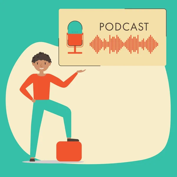Podcast düz vektör çizimi. Logo, afiş, mikrofonlu podcast sunumu