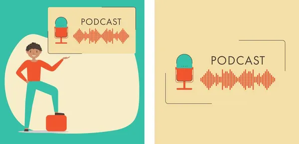 Podcast düz vektör illüstrasyonunu ayarla. Logo, afiş, mikrofonlu podcast sunumu