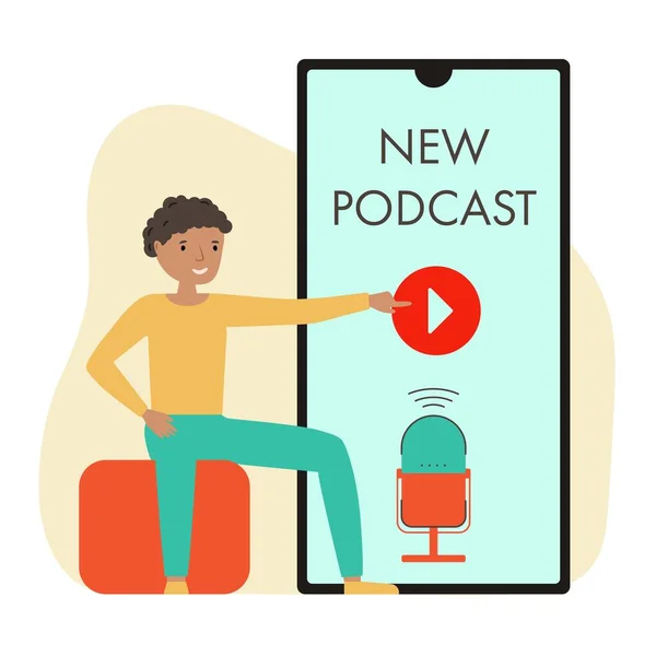 Podcast düz vektör çizimi. Logo, afiş, mikrofonlu podcast sunumu, telefonda yeni podcast pucture. İzole edilmiş arkaplan