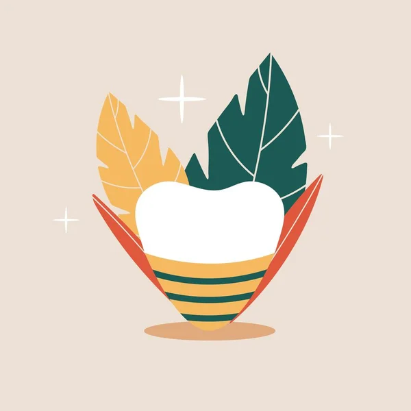 Implant Dentaire Avec Feuilles Sur Fond Beige Illustration Vectorielle Style — Image vectorielle