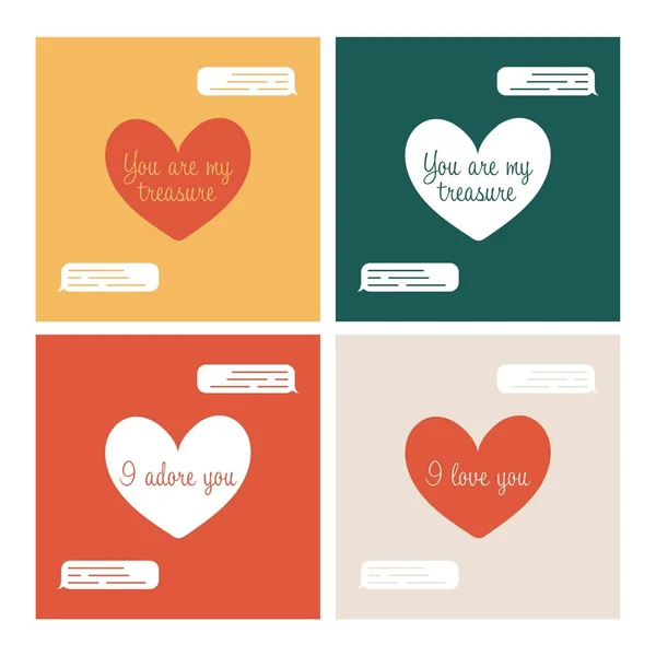 Conjunto de tarjetas de felicitación con declaración de amor con texto lindo dentro del corazón y el icono del mensaje ilustración vector plano — Vector de stock