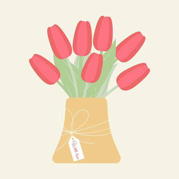 可愛いグリーティングカードチューリップの花瓶の花束と愛の文字フラットベクトルイラストカード — ストックベクタ