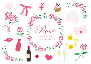 Pembe güller ve aksesuarlardan oluşan malzeme