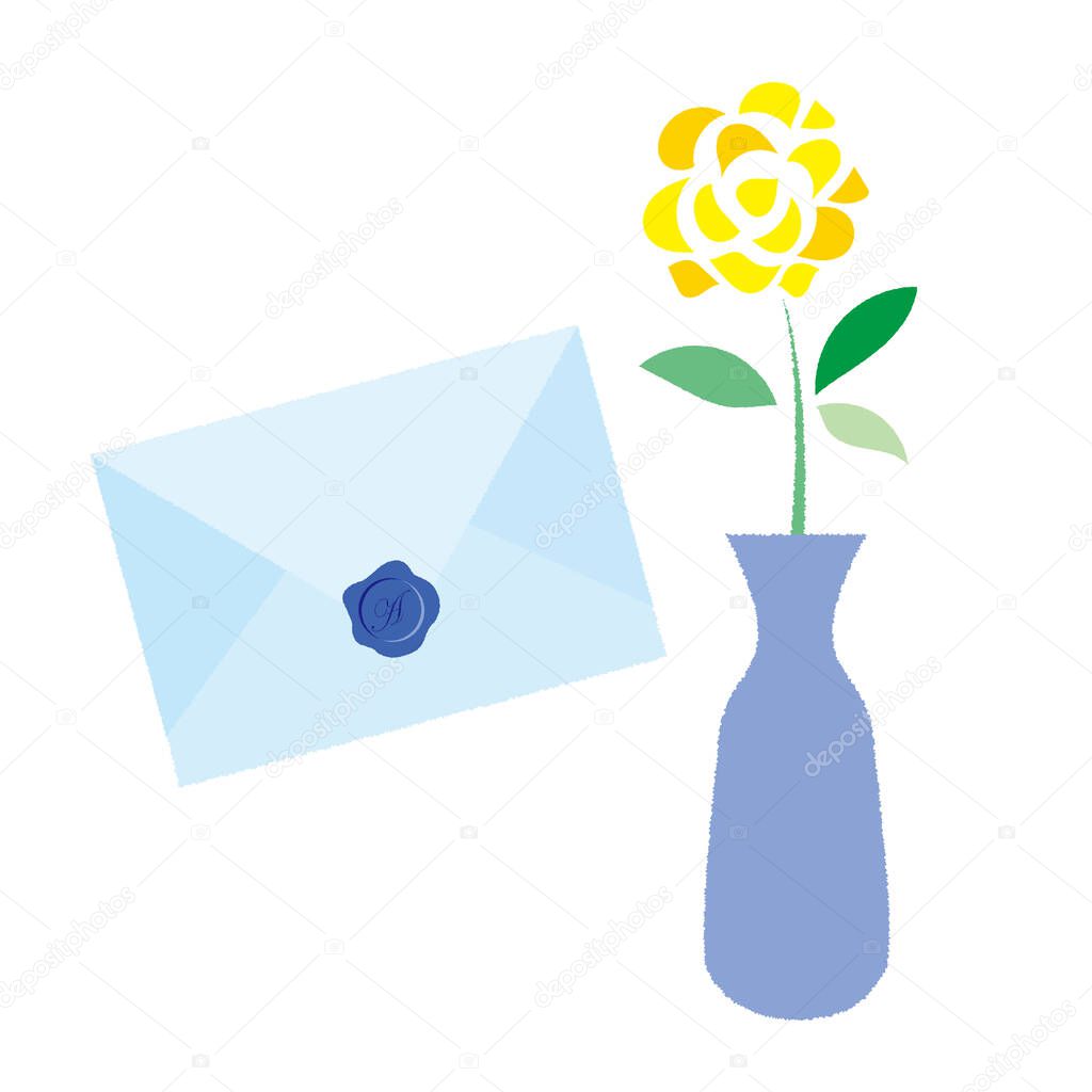 Illustration of a yellow rose in a vase