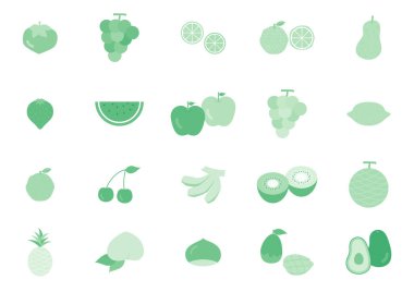 Bir dizi basit ve düz meyve çizimleri.