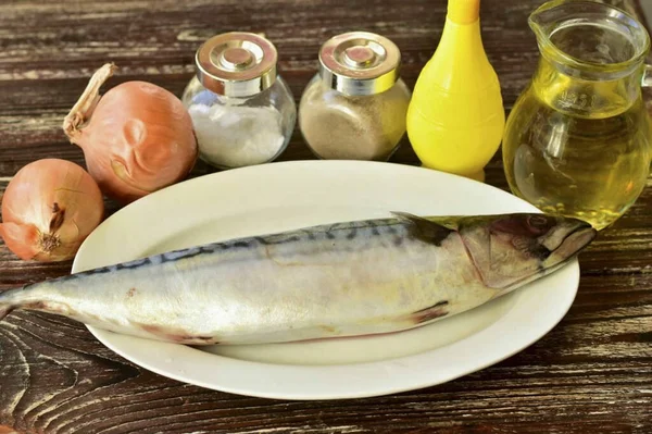 Připravte Všechny Potřebné Ingredience Pro Výrobu Makrely Cibulovém Polštáři — Stock fotografie