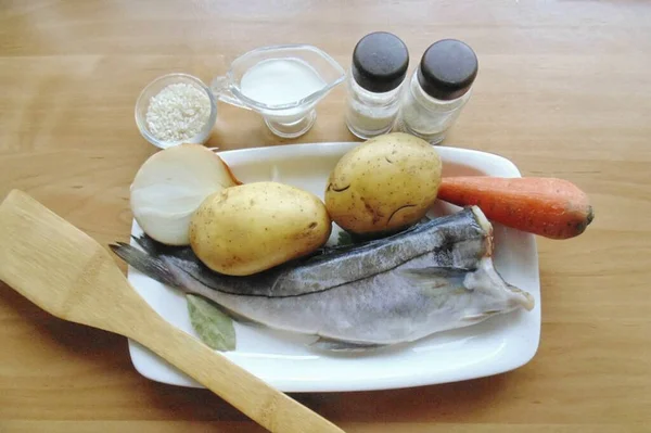 Připravte Všechny Ingredience Potřebné Výrobě Cream Cod Polévka — Stock fotografie