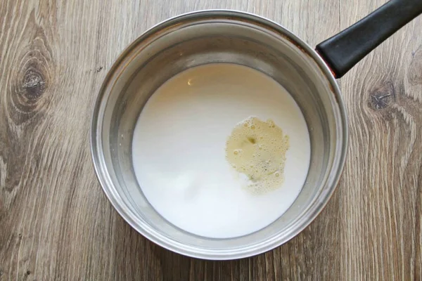 Pour Remaining Milk Another Saucepan Beat Eggs — Stock Photo, Image