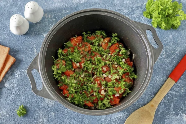 Sprinkle Everything Chopped Herbs Cover Simmer Low Heat Minutes — Stock Photo, Image