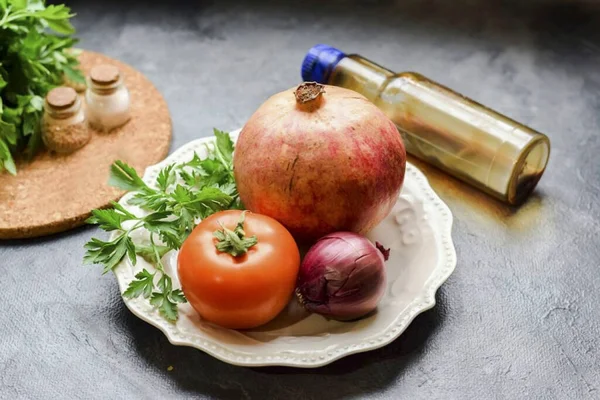 Prepare Todos Ingredientes Necessários Para Cozinhar Baku Salada Romã — Fotografia de Stock