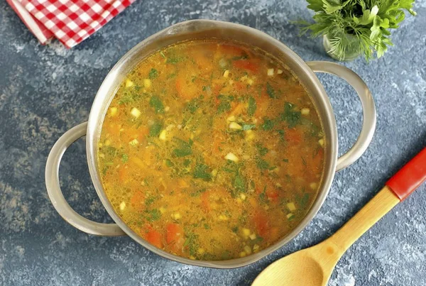Minut Vaření Přidejte Zeleninové Smažení Rajčatovou Kaši Paprika Samém Konci — Stock fotografie