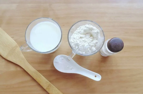 Prepare All Necessary Ingredients Making Bazlam Bread Kefir — Stock Photo, Image