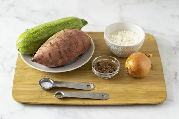 Prepare Todos Ingredientes Necessários Para Fazer Panqueca Batata — Fotografia de Stock