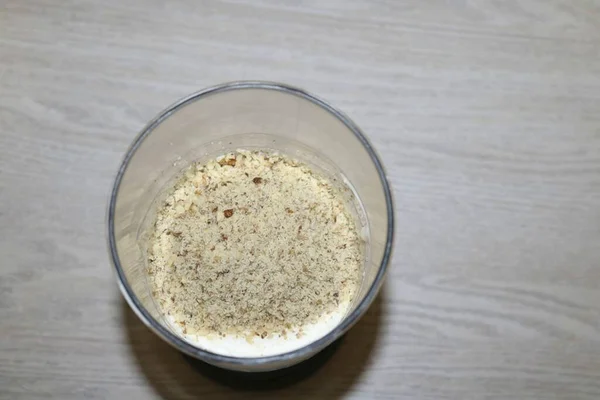 Add Nuts Sour Cream Stir — Stock Photo, Image