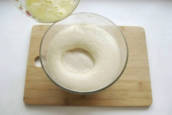 Add More Tablespoons Sugar Salt Vanilla Sugar Dough Beat Eggs — Stock Photo, Image