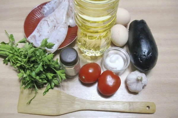 Bereiten Sie Alle Notwendigen Zutaten Für Das Kochen Auberginen Tintenfisch — Stockfoto