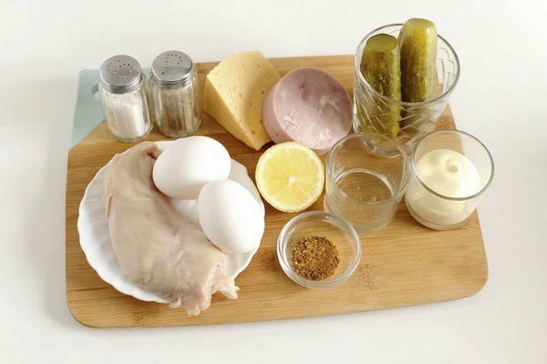 Bereid Alle Ingrediënten Die Nodig Zijn Kip Ham Puff Salade — Stockfoto
