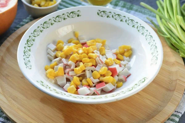 Bowl Combine Crab Sticks Canned Corn — Stock Photo, Image