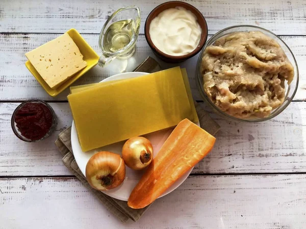 Preparare Tutti Gli Ingredienti Necessari Preparazione Lasagne Alla Panna Acida — Foto Stock