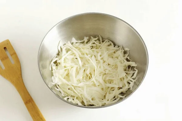 Chop Cabbage Thinly Place Bowl — Stock Photo, Image