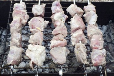 Kömür ızgarasını hazırlayın. Griye döner dönmez, şişleri ızgaraya yerleştir ve kızart, ara sıra dönerek. Benim durumumda 20 dakika yeterliydi..