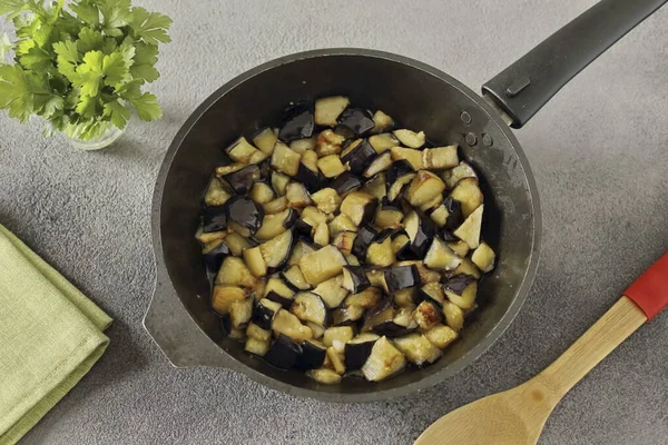 Cut Eggplants Cubes Fry Soft Add Chopped Garlic Couple Minutes — Stock Photo, Image