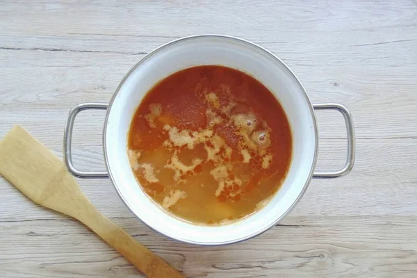 Варить Суп Минут Приготовления Выключить Ароматный Сытный Здоровый Чечевичный Суп — стоковое фото