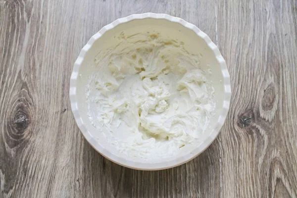 Combine Cream Cheese Sugar Vanillin Whisk Minutes — Stock Photo, Image