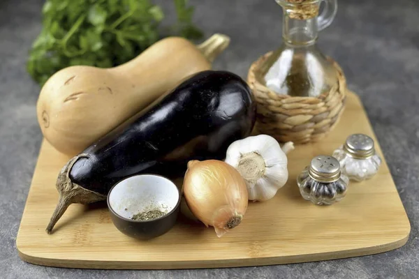 Приготувати Всі Інгредієнти Необхідні Приготування Баклажанів Гарбузовою Піччю Вимийте Овочі — стокове фото