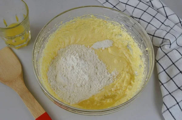 Add Flour Baking Powder Dough Pour 150 Orange Juice — Fotografia de Stock