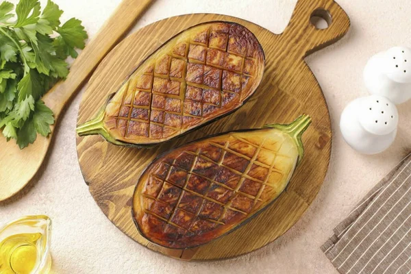 Heat Skillet Oil Place Eggplants Cut Side Fry Soft — Fotografia de Stock