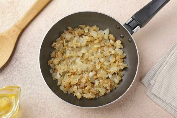 Cut Onion Cubes Half Rings Fry Vegetable Oil Soft Salt — Stock Photo, Image