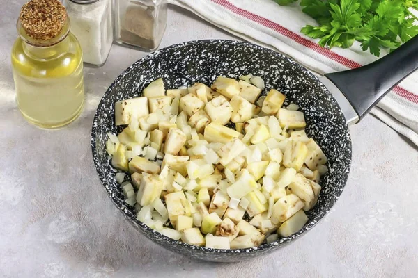 Peel Rinse Dice Onion Add Slices Skillet Frying Everything Together — стоковое фото