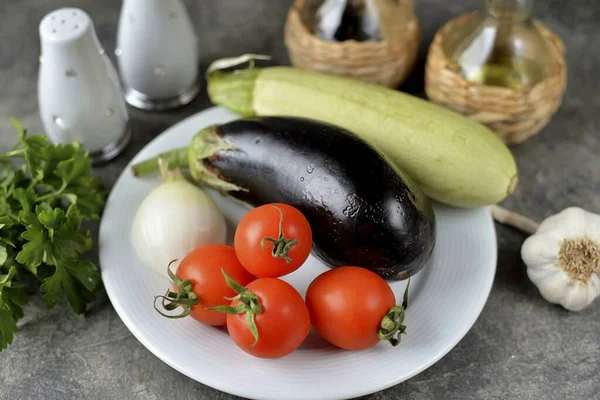 Prepare All Ingredients Needed Prepare Baked Eggplant Zucchini Salad Peel — ストック写真