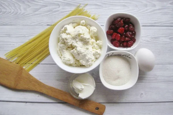 Prepare All Ingredients Needed Make Pasta Cherry Curd Casserole — Stok fotoğraf