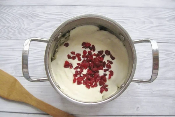 Transfer Whipped Curd Mass Saucepan Pasta Add Dried Cherries Cutting — ストック写真