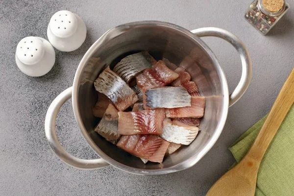 Cut Herring Fillets Cut Portions Transfer Any Deep Container — Foto Stock