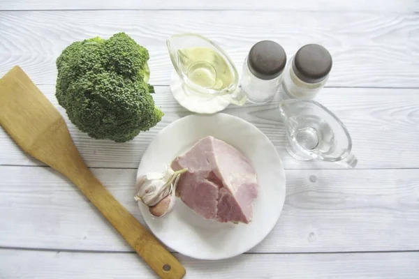 Prepare All Ingredients Needed Make Broccoli Ham Salad — Stock fotografie