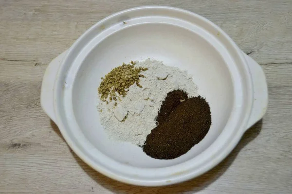 Combine Grams Rye Flour Rye Malt Coriander — Stok fotoğraf
