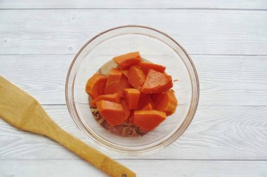 Bake the pumpkin until tender. Either in the microwave for 5-6 minutes, or in the oven for 25-30 minutes.