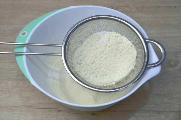 Sift Flour Baking Powder Vanilla Sugar Dough — Stock Fotó