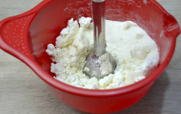 More Delicate Filling Grind Curd Sieve Use Immersion Blender Sugar — Stock Photo, Image