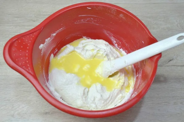 Add Cream Cheese Fatty Sour Cream Curd Pour Melted Butter — Foto Stock